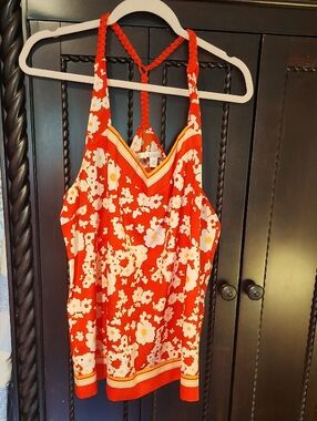 LC Lauren Conrad Red Floral Braided-Strap Tank